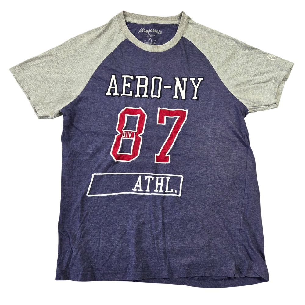 Aeropostale Mens Large Navy Grey Raglan Graphic T-Shirt Y2k 2000s Casual Basic